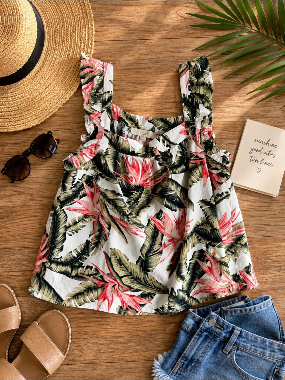 LOFT Tropical Print Ruffled Strap Women's Linen Blend Tank- White Pink & Green